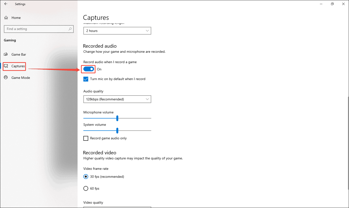 Windows Settings window with Captures tab and the Recorded audio when I record a game option selected.
