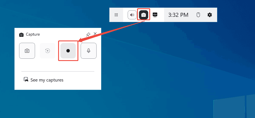 Xbox Game Bar toolbar with the Camera option and the Record option selected.