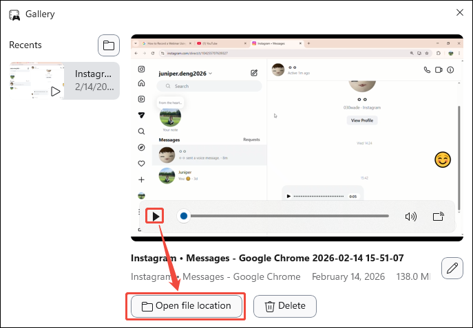 Xbox Game Bar Gallery window with the Play button and the Open file location option selected.