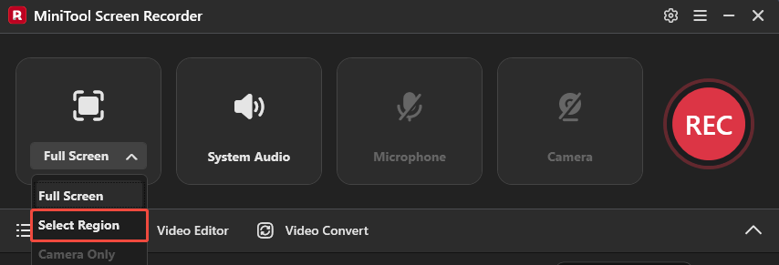 MiniTool Screen Recorder interface highlighting the Select Region option from the Full Screen option.