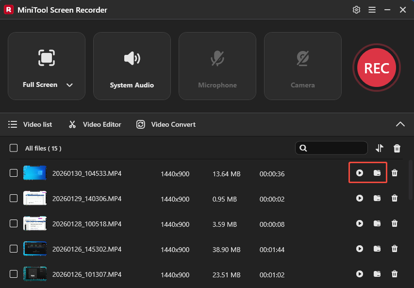 MiniTool Screen Recorder interface with the selected Play and Folder icons.