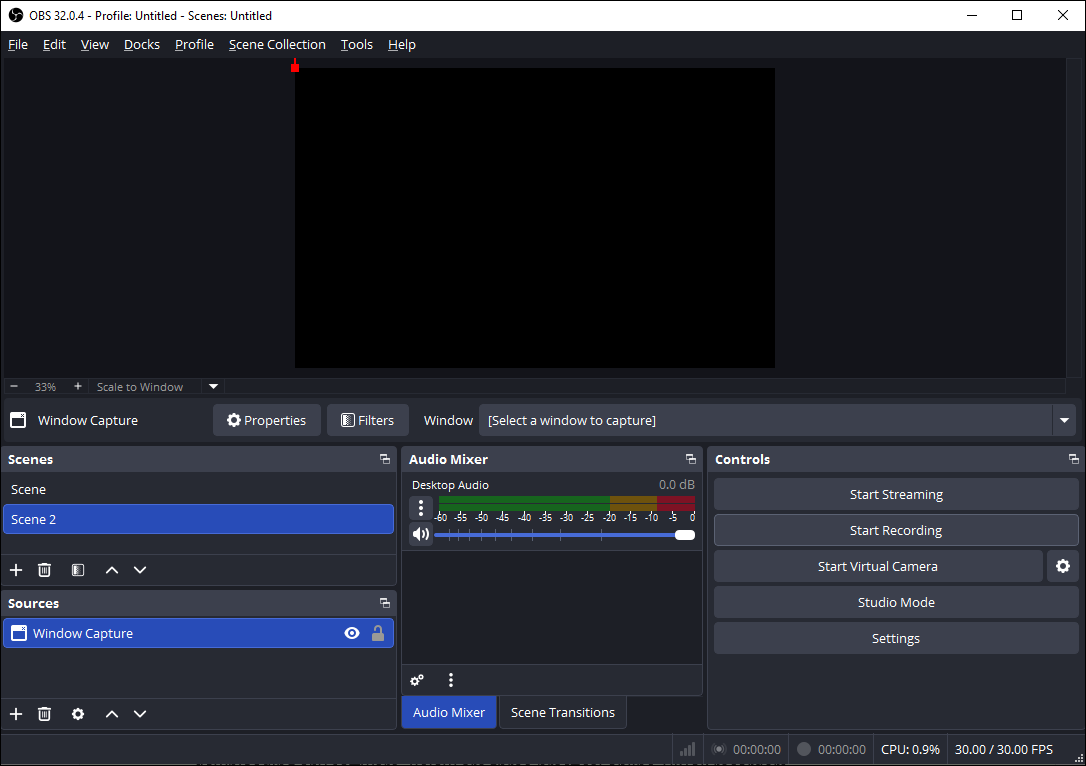 The main interface of OBS Studio.