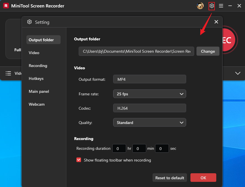 MiniTool Screen Recorder interface showing how to configure the recording parameters.