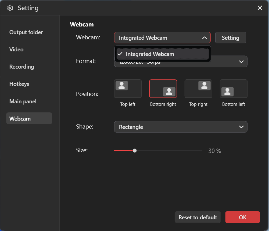 MiniTool Screen Recorder interface showing how to configure webcam settings and with the OK button selected.