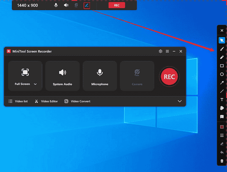 MiniTool Screen Recorder interface showing how to activate the screen annotation toolbar.