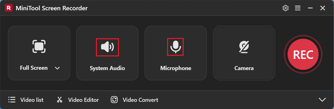 MiniTool Screen Recorder interface with the System Audio and Microphone icons selected to control the audio.