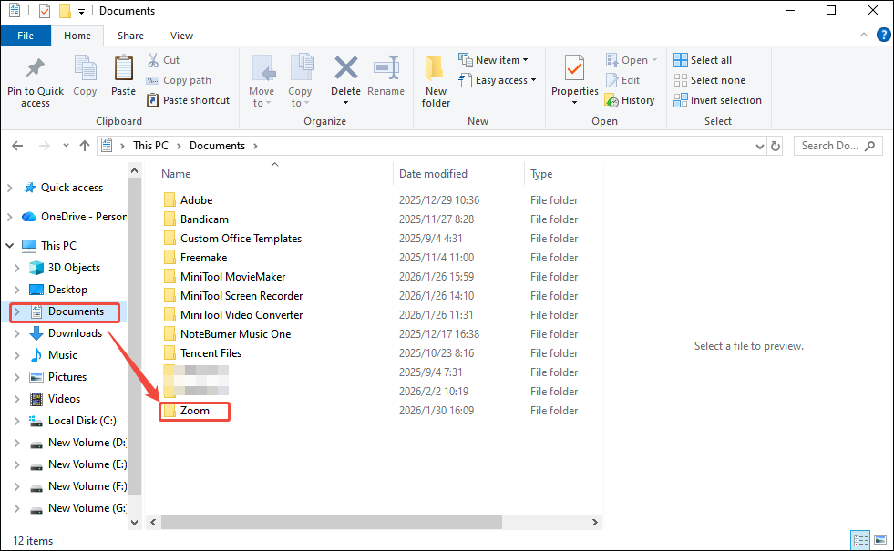 The Windows File Explorer interface showing how to locate the Zoom folder.