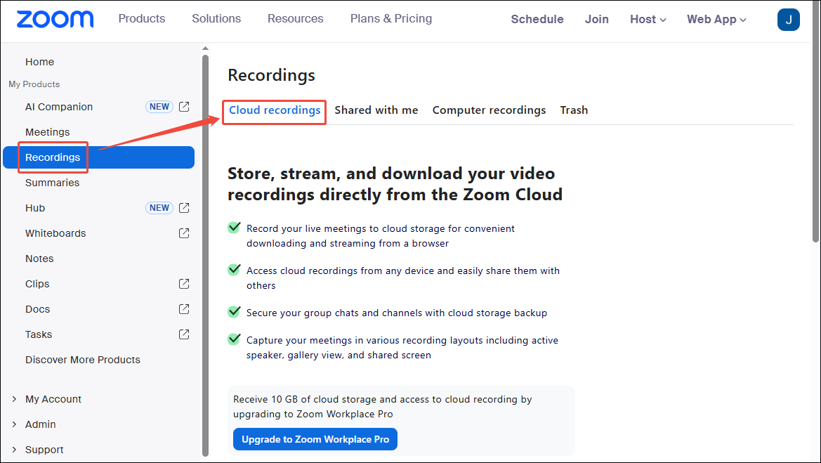 Zoom website interface showing how to find recordings in the cloud.