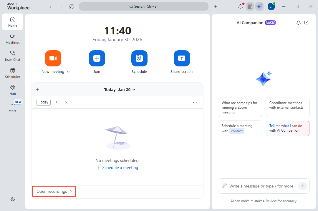 Zoom app main interface with the Open recordings option selected.