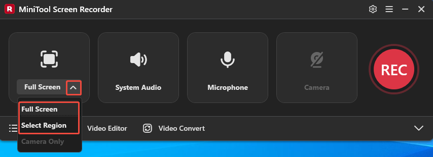 MiniTool Screen Recorder interface with the recording area option expanded.