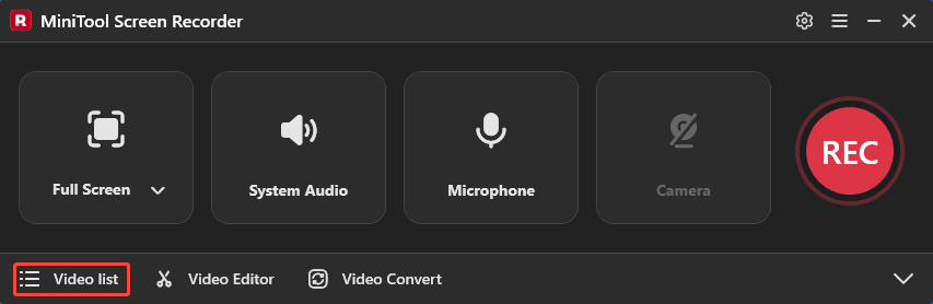 MiniTool Screen Recorder interface with the Video list option selected.