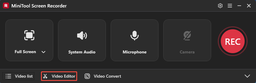 MiniTool Screen Recorder interface with the Video Editor option selected.