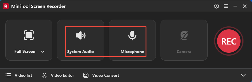 MiniTool Screen Recorder interface with the System Audio icon and the Microphone icon selected.