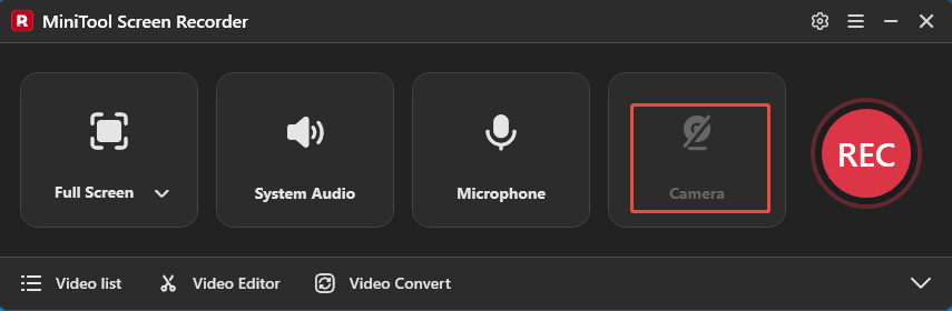 MiniTool Screen Recorder interface with the Camera icon selected.