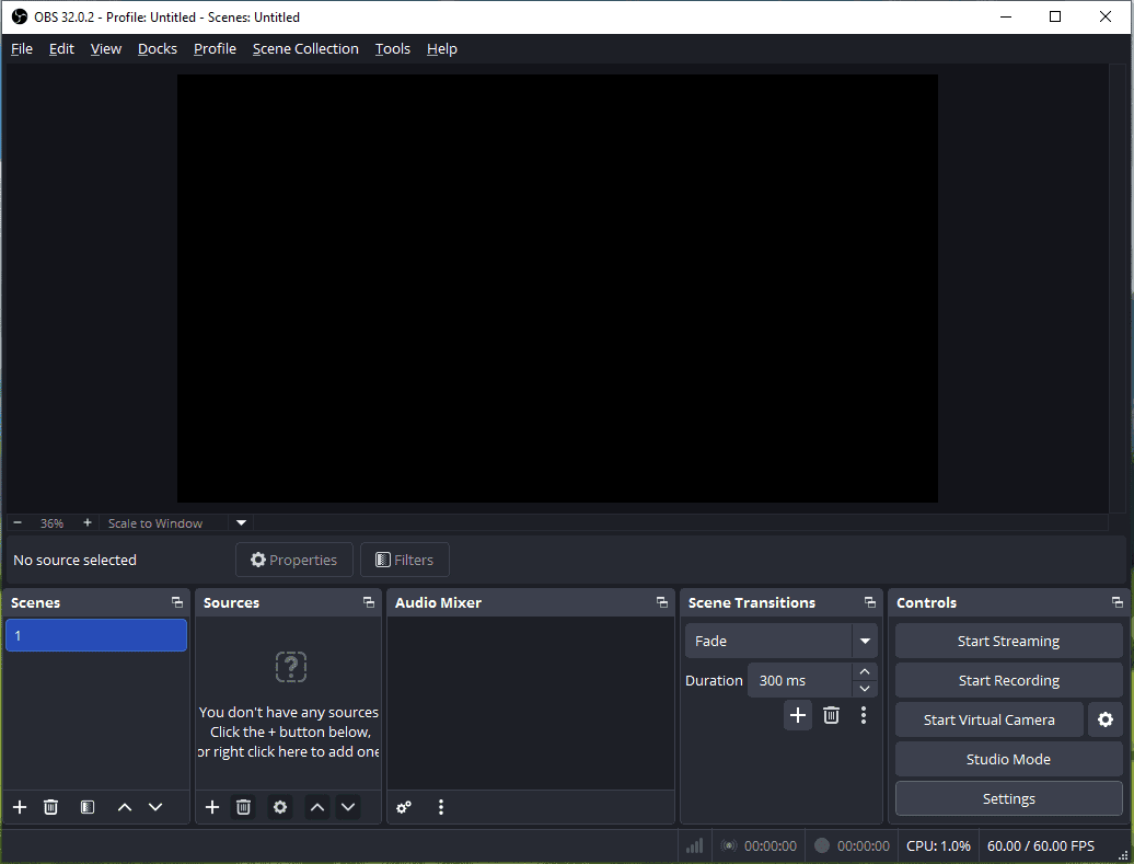 The main user interface of OBS Studio.