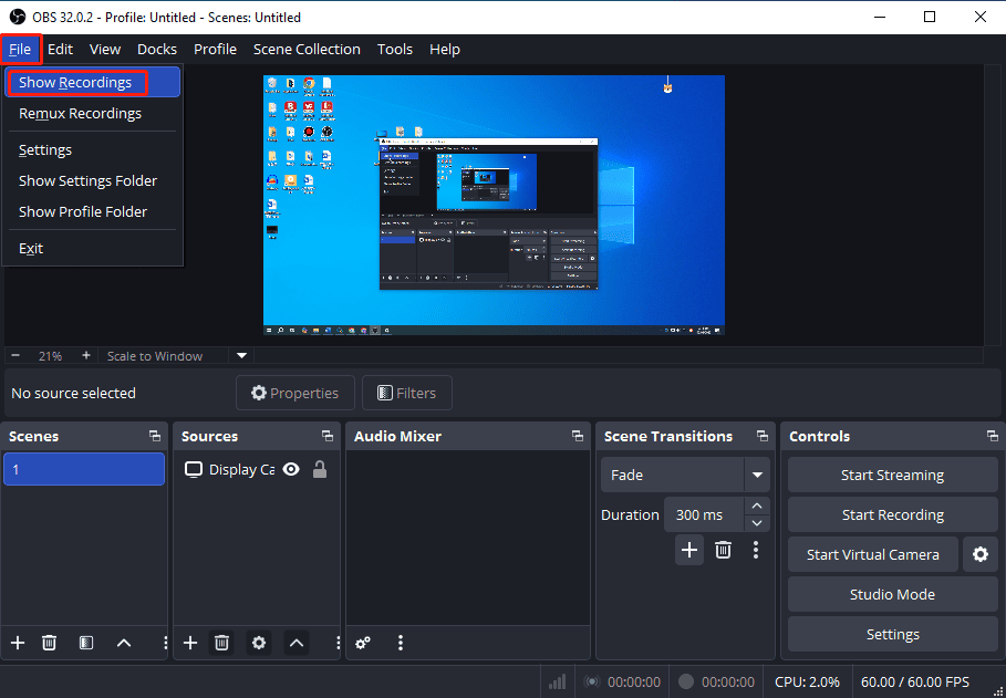 OBS interface with highlighted File and Show Recordings options.