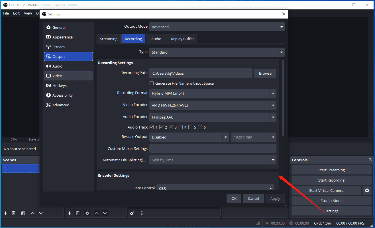 OBS interface showing how to check and change the recording path.