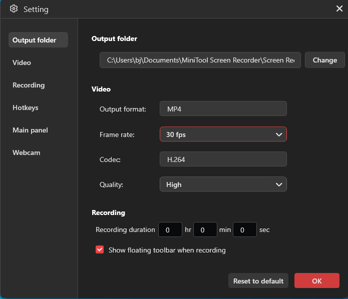 MiniTool Screen Recorder Settings window with default recording settings.