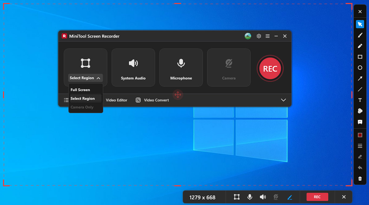 MiniTool Screen Recorder interface showing how to customize the recording region.