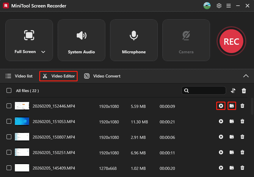 The selected Folder and Play icons and the Video Editor option on the MiniTool Screen Recorder Video list section.