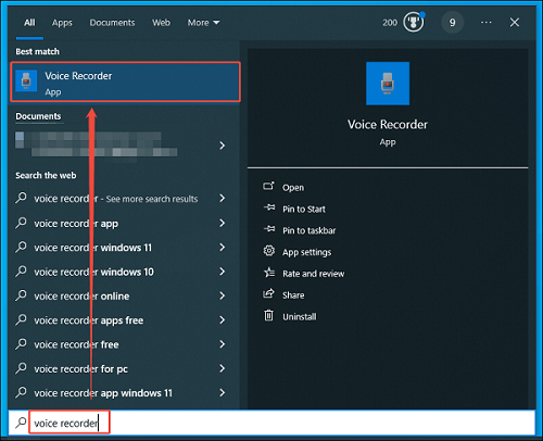 Windows Search box with the voice recorder entered and the Voice Recorder app selected.