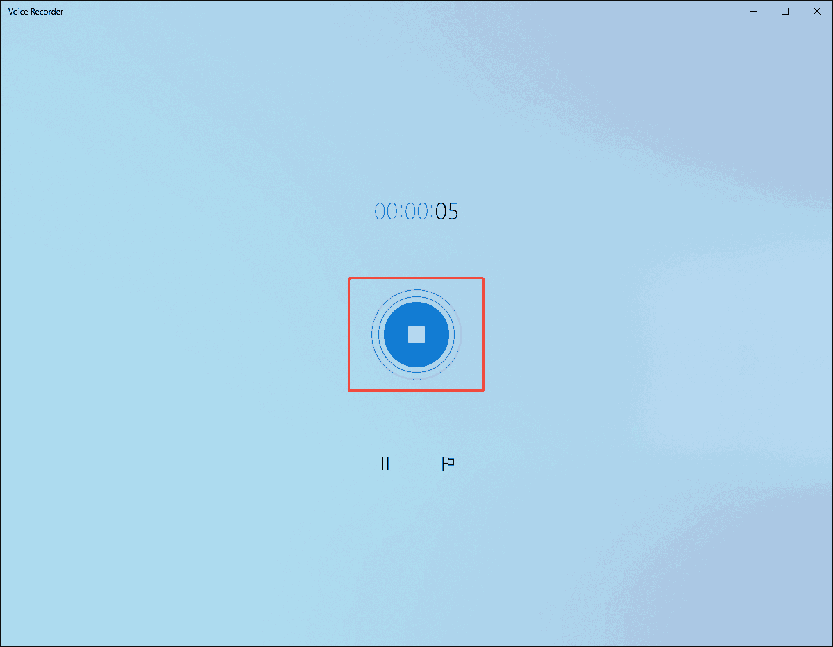 Windows Voice Recorder interface with the Stop button selected to end the recording.
