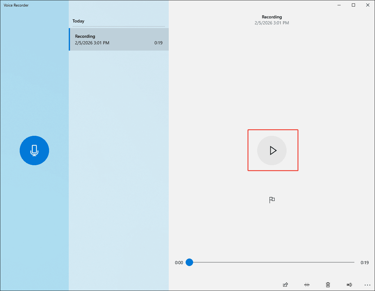 Windows Voice Recorder interface with the Play icon selected to play the recorded audio.