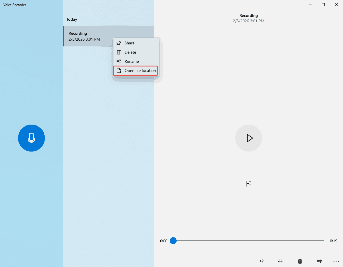 Windows Voice Recorder interface with the recorded file and the Open file location option selected.