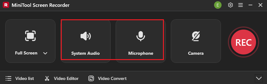MiniTool Screen Recorder interface with the System Audio icon and the Microphone icon selected.