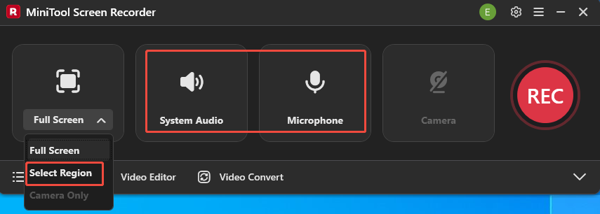 MiniTool Screen Recorder interface that shows how to choose the recording area and manage the audio recording.