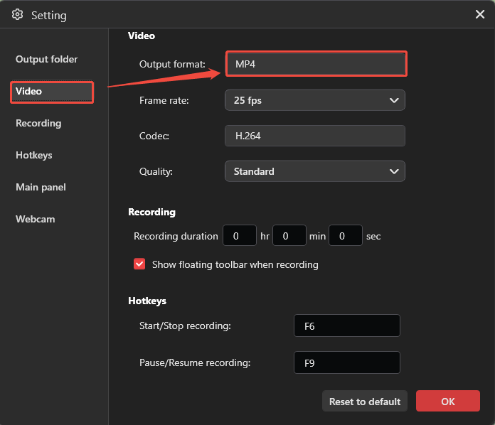 MiniTool Screen Recorder interface showing how to check the recording format.