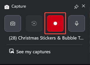 The Capture panel of the Xbox Game Bar with the Start recording icon selected.