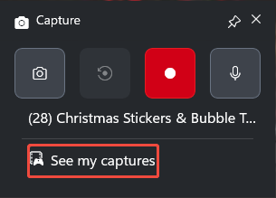 The Capture panel of the Xbox Game Bar with the See my captures option selected.