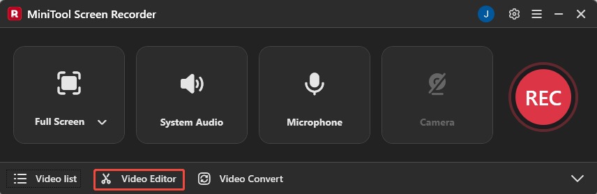 MiniTool Screen Recorder interface with the Video Editor option selected.