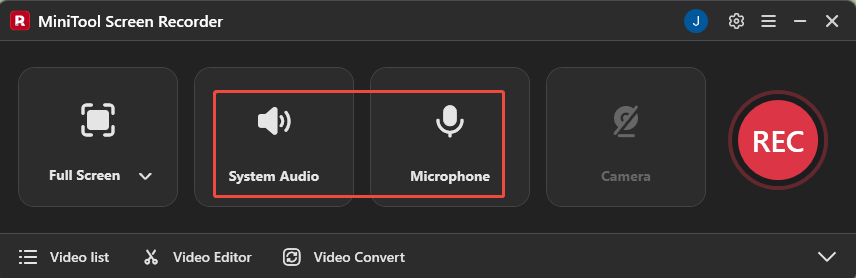 MiniTool Screen Recorder interface with the System Audio icon and the Microphone icon selected.