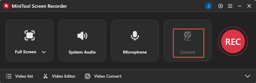 MiniTool Screen Recorder interface with the Camera icon selected.
