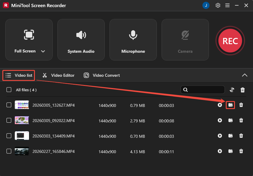 iniTool Screen Recorder interface showing how to check the recorded MP4 video.
