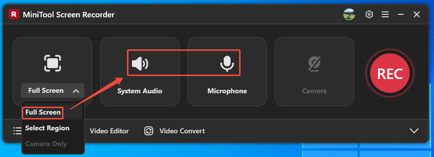 MiniTool Screen Recorder interface showing how to choose the screen recording type and how to control audio.