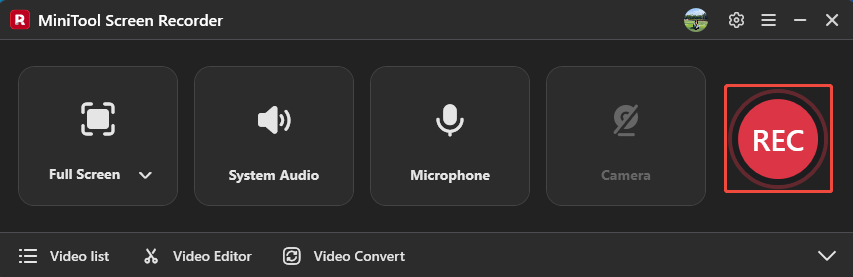 MiniTool Screen Recorder interface with the REC button selected.