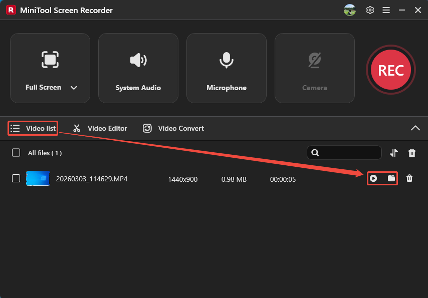 MiniTool Screen Recorder Video list tab with the Play icon and the Folder icon selected.