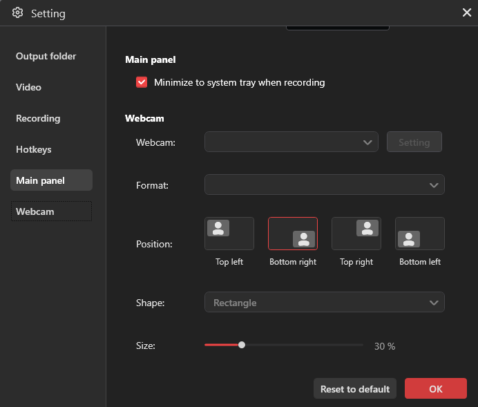 The Webcam recording settings in the Settings window of MiniTool Screen Recorder.
