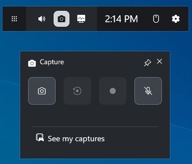 The main panel of Xbox Game Bar and its Capture widget on the default background of Windows.