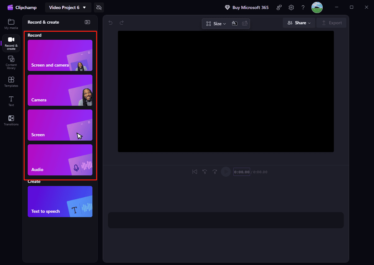 Microsoft Clipchamp interface with the selected recording options on the left.