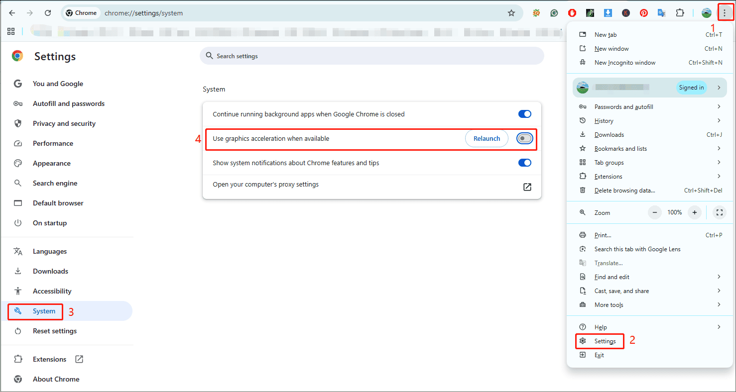 Google Chrome page showing how to disable hardware acceleration.