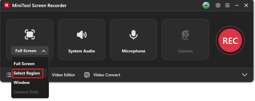 The highlighted Select Region option from the Full Screen dropdown on the interface of MiniTool Screen Recorder.