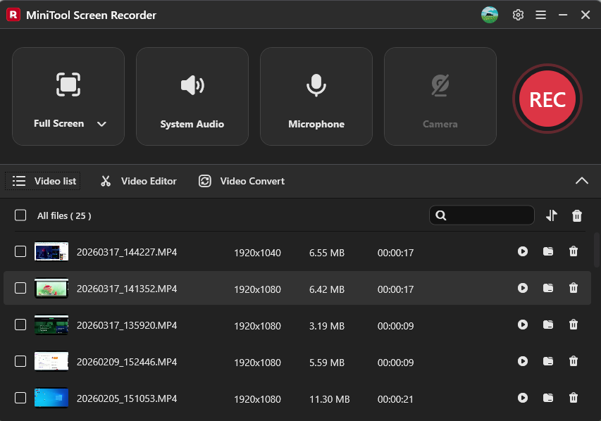 The expanded Video list section of MiniTool Screen Recorder.