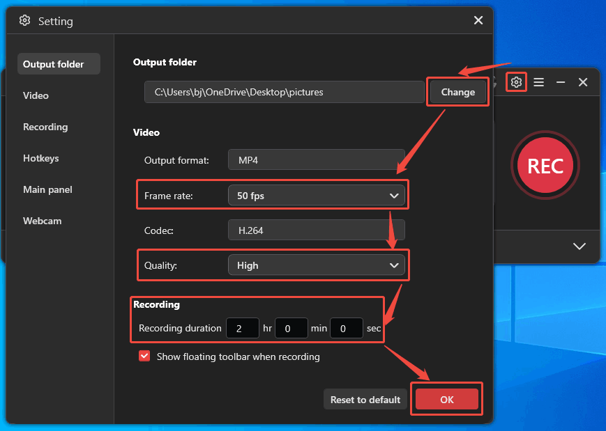 MiniTool Screen Recorder Setting window showing how to perform a series of settings.