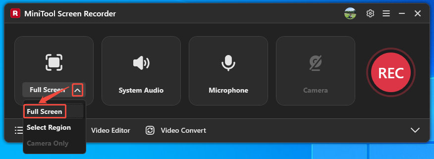 MiniTool Screen Recorder interface with the Full Screen option selected.