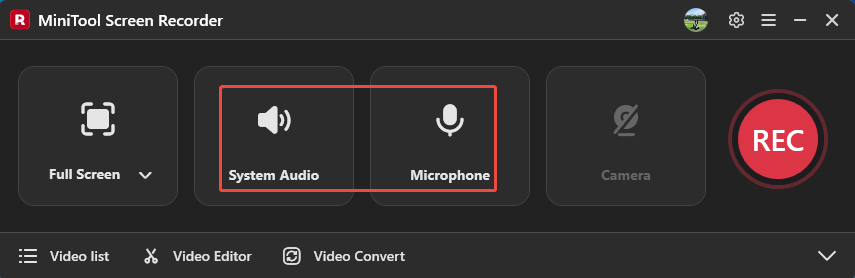 MiniTool Screen Recorder interface with the System Audio icon and the Microphone icon selected.