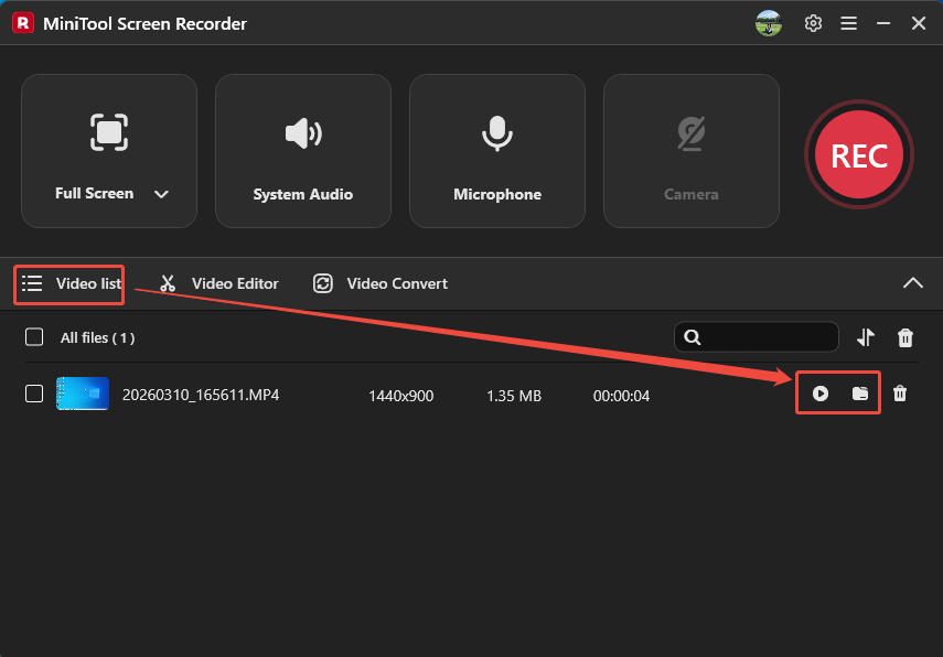 MiniTool Screen Recorder Video list tab with the Play icon and the Folder icon selected.